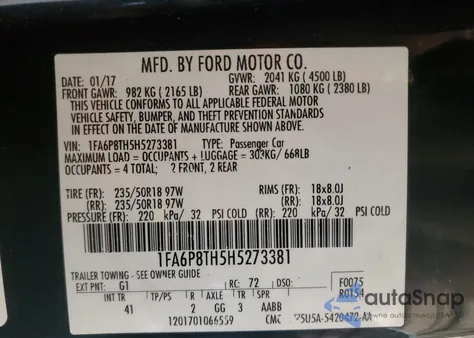 2017 Ford Mustang from USA, damaged, VIN 1FA6P8TH5H5273381